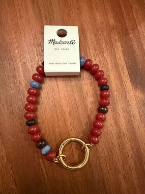 Madewell Red Beaded Bag Charm with Gold Ring and Blue/brown stones